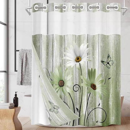 No Hook Shower Curtain with Snap in Liner 71x74 Inch Green Daisy | Farmhouse Rustic Butterfly Modern Double Layers Waterproof Fabric with See Through Top Window Open Grommet Bath Curtain