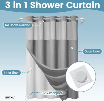 EUTXL Heavyweight No Hook Shower Curtain with Liner, Grey,71x86 | Snap in Liner, 256GSM Thick Waffle Fabric, Hotel Luxury Spa, Corner Magnets, Quick Dry, Waterproof & Washable, Extra Long