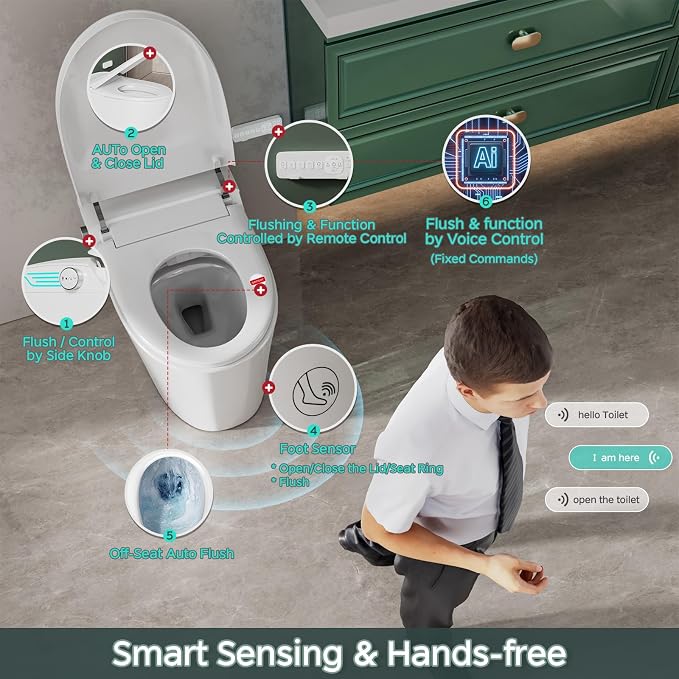 Smart Toilet with Bidet Built In ADA Height 17.7", 1.28GPF Power Flush, One Piece Bidet Toilet Design with Heated Seat, Voice Control, Remote Control, Foam Shield, Tankless Modern Toilet BSJ