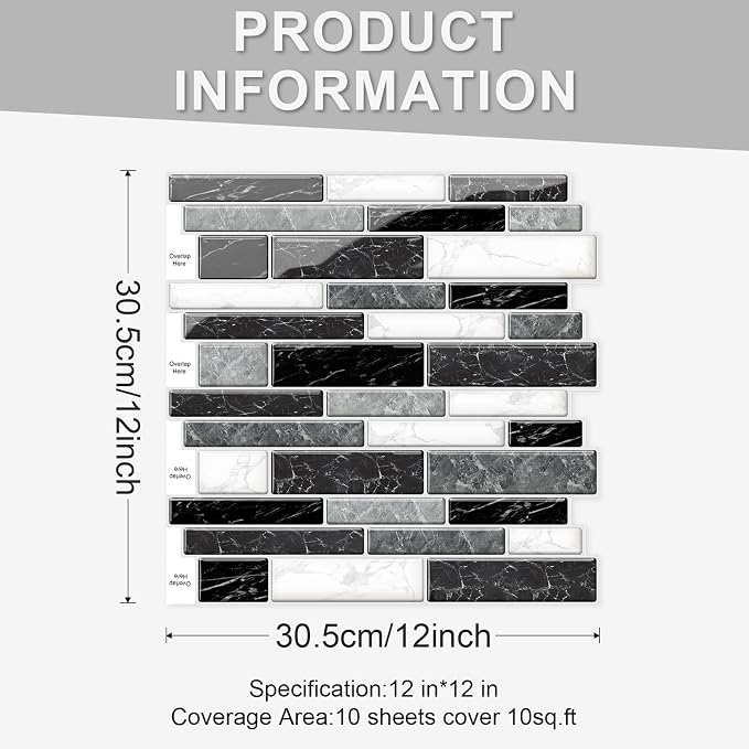 10 Sheets Peel and Stick Backsplash, Peel and Stick Wall Tiles, Marble Look Tiles Backsplash for Kitchen and Bathroom, Livingroom, 12”x12”,Black&White