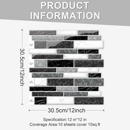 10 Sheets Peel and Stick Backsplash, Peel and Stick Wall Tiles, Marble Look Tiles Backsplash for Kitchen and Bathroom, Livingroom, 12”x12”,Black&White