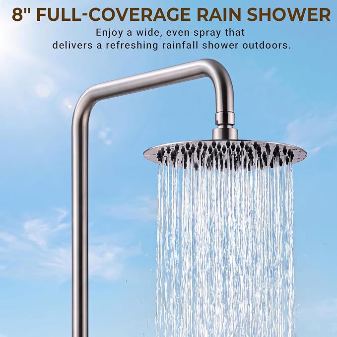 316 Marine-Grade Stainless Steel Wall-Mount Outdoor Shower Kit | SUS 316 Stainless Steel, Easy Install, Height Adjustable, Exposed Wall-Mount, for Beach, Coastal & Backyard Homes