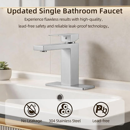 Bathroom Faucet, Brushed Nickel,SUS304 Stainless Steel Lead-Free | Vanity Faucet with Deck Plate & Pop-Up Drain, Single/3 Hole Installation, for Farmhouse, Bathroom Sink, Vanity, Washbasin, RV
