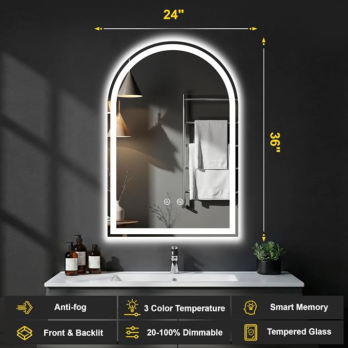 Arched LED Bathroom Mirror with Lights, 24" x 36" Lighted Vanity Mirror | Anti-Fog, Dimmable 3 Colors, Backlit + Frontlit, HD Shatterproof Tempered Glass, Memory Function