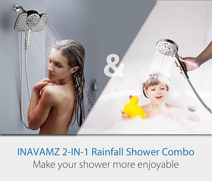 Rain Shower Head with Filtered Handheld Spray Combo Nickel 2.5 GPM | 10” Rainfall Showerhead with 9-Spray Detachable Handheld, High Pressure, ON/OFF Switch, 15-Stage Filter, Jet for Cleaning