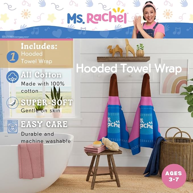 Ms. Rachel Kids Super Soft Bath/Pool/Beach Soft Cotton Terry Hooded Towel Wrap, 24 in x 50 in, (Officially Licensed Product) By Franco