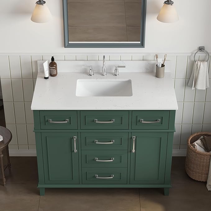 42 Inch Green Bathroom Vanity with Sink, Fully Assembled Bathroom Vanities with Soft Closing Doors & Dovetail Drawers, Solid Wood Vanity with Sink, 42 Inch Vanity for Bathroom