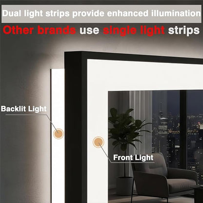 EchosLife 55x40 Bathroom Mirror with LED Lights - Black Framed | Black Frame, Front and Backlit, Anti-Fog, Stepless Dimmable, 3 Colors, Memory, Tempered Glass, UL Listed, Horizontal/Vertical