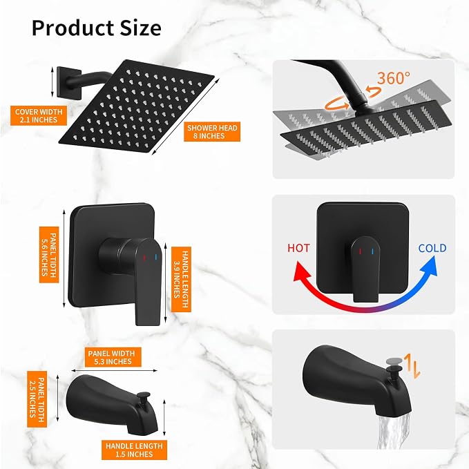 Tub Shower Faucet Set Valve Included with 8-Inch Rain Shower Head and Tub Spout Single-Handle Tub and Shower Trim Kit Matte Black