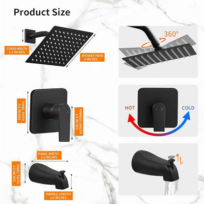 Tub Shower Faucet Set Valve Included with 8-Inch Rain Shower Head and Tub Spout Single-Handle Tub and Shower Trim Kit Matte Black