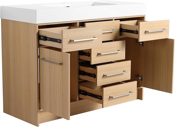 48" Bathroom Vanity with Sink - Freestanding Bathroom Sink Cabinet, 2 Soft Closing Doors & 6 Drawers, Original Oak Plywood (KD-Packing)