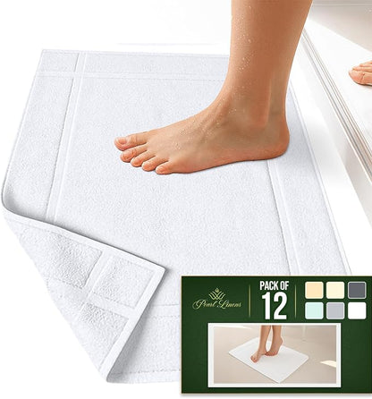 Pearl Linens Pack of 12 100% Cotton Bath Mat 18x25 inches, Soft & Absorbent Quick Dry Bathroom Mat Set, Not Bathroom Rugs, After Shower Mat, Bath Tub Mat, 781 GSM, Machine Washable, White