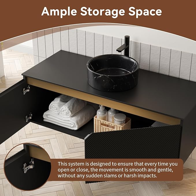 Bathroom Vanity with Sink 48 Inch, Floating Fluted Vanity with Vessel Sink, Modern Wall Mounted Bathroom Vanity Cabinet with 2 Doors, Black Ceramic Sink & Sintered Stone Top, Black