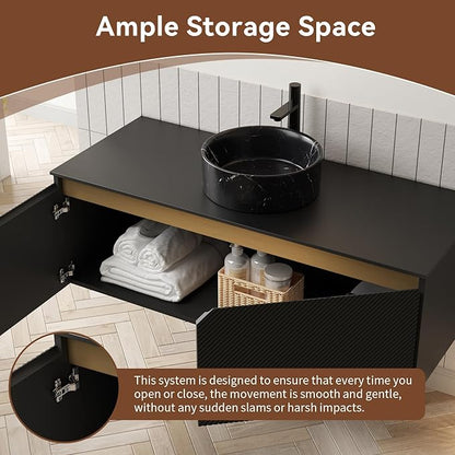 Bathroom Vanity with Sink 48 Inch, Floating Fluted Vanity with Vessel Sink, Modern Wall Mounted Bathroom Vanity Cabinet with 2 Doors, Black Ceramic Sink & Sintered Stone Top, Black