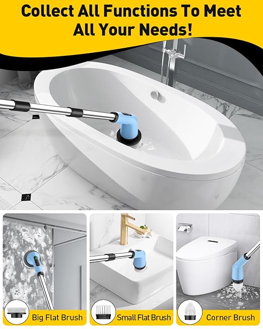 Electric Spin Scrubber for Bathroom, Shower Scrubber with Long Handle | Shower Cleaner Brushes, IPX7 Waterproof & 2 Speed, 3 Brush Heads, 90min Runtime, Bathroom Cleaning Supplies for Toilet Tub