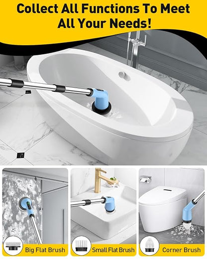 Electric Spin Scrubber for Bathroom, Shower Scrubber with Long Handle | Shower Cleaner Brushes, IPX7 Waterproof & 2 Speed, 8 Brush Heads, 90min Runtime, Bathroom Cleaning Supplies for Toilet Tub