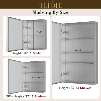 TETOTE 40 x 26 Bathroom Mirror Cabinet with Tempered Beveled MirrorSilverMedicine Cabinet Aluminum Cabinet DTC Hinges, Stepless Adjustable Shelves, Recessed/Surface-Mounted