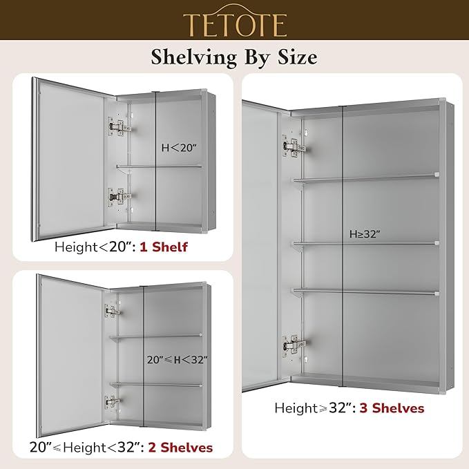 TETOTE 12 x 36 Bathroom Vanity Mirror Cabinet with Tempered Beveled MirrorSilverMedicine Cabinet Aluminum Cabinet DTC Hinges, Stepless Adjustable Shelves, Recessed/Surface-Mounted