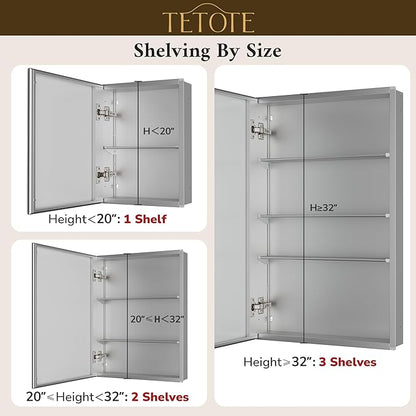 TETOTE 36 x 24 Medicine Cabinet with Mirror with Tempered Beveled Mirror Silver Medicine Cabinet Aluminum Cabinet DTC Hinges, Stepless Adjustable Shelves, Recessed/Surface-Mounted