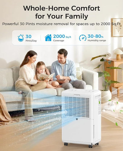30 Pint Dehumidifier for Basement with Drain Hose Up to 2000 Sq.ft | Quiet Dehumidifiers for Home Large Room Bedroom Bathroom RV, Smart Humidity Control, 3 Modes, 24H Timer, Auto Defrost
