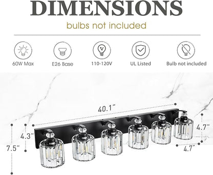 6-Light Black Bathroom Light Fixture Modern Vanity Lights Over Mirror Vintage Wall Sconce Lighting for Bathroom, Bedroom, Living Room, Hallway E26 Base with Crystal Bathroom Vanity Light