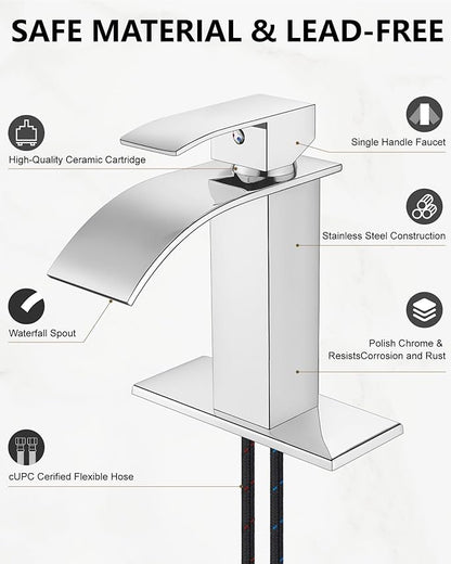 Midanya Waterfall Spout Bathroom Faucet Single Handle 1 Hole Bathroom Sink Faucet,Modern RV Lavatory Vanity Basin Tap with Water Hose,No Drain,Short Body,Polish Chrome