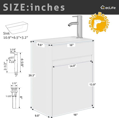 eclife 16" Small Bathroom Vanity Sink Combo, Modern Painted Wall Mounted Floating Cabinet W/Resin Basin Sink Top, Chrome Water Save Faucet & Pop Up Drain (White)