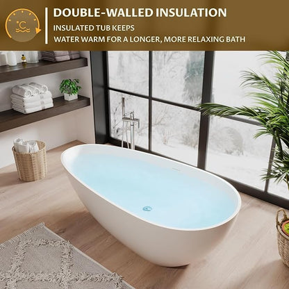 67" Freestanding Bathtub, Solid Surface Soaking Tub - Oval Egg Shell Stone Resin with Pop-Up Drain & Overflow, CUPC Certified Matte White Deep Soaking Tub with Ergonomic Design for Luxury Bathroom