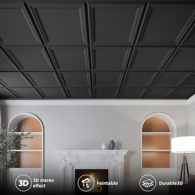 WOWSTAR 12-Pack 24"x24" Drop Ceiling Tiles, Waterproof Glue up Ceiling Panels, Black | PVC ceiling panels, 24"x24", waterproof, glue-up install, basement kitchen bathroom, 12-pack, set C