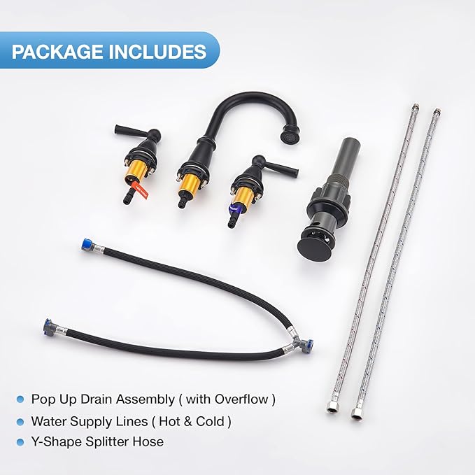 Matte Black Bathroom Faucet 3 Hole, 8-Inch Widespread Bathroom Faucet for Sink 2 Handles Vanity Restroom Faucet with Pop-Up Drain and Supply Hoses, Black