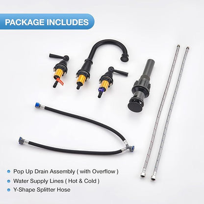 Matte Black Bathroom Faucet 3 Hole, 8-Inch Widespread Bathroom Faucet for Sink 2 Handles Vanity Restroom Faucet with Pop-Up Drain and Supply Hoses, Black