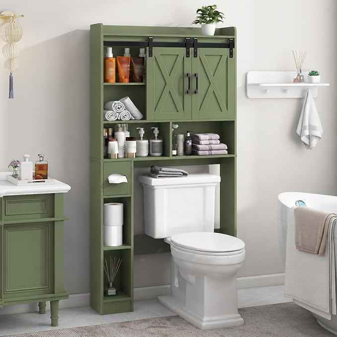 Vabches Over The Toilet Storage Cabinet with Sliding Doors, Green | Farmhouse Storage Cabinet Over Toilet, Home Space-Saving Toilet Rack, Toilet Paper Holder Stand,for Restroom,Bathroom,Laundry