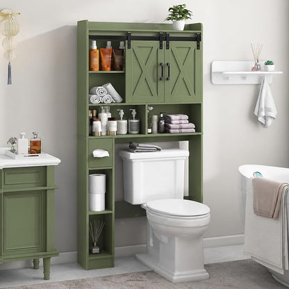 Vabches Over The Toilet Storage Cabinet with Sliding Doors, Green | Farmhouse Storage Cabinet Over Toilet, Home Space-Saving Toilet Rack, Toilet Paper Holder Stand,for Restroom,Bathroom,Laundry