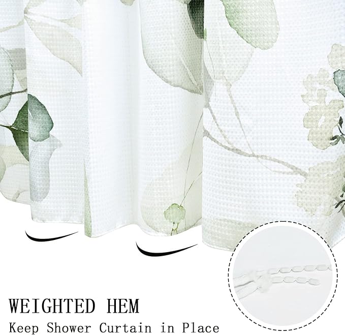 Eucalyptus Leaf Waffle Shower Curtains, Weighted Bottom Sage Green Spring Watercolor Botanical Plants Textured Fabric Bathroom Curtain Bathtub Home Decor Waterproof Washable with Metal Hooks