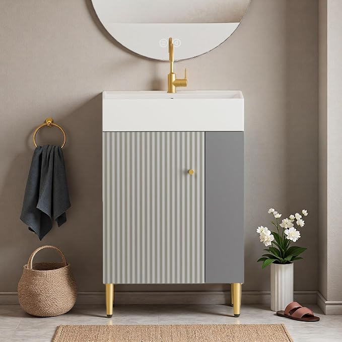 21.6" Freestanding Bathroom Vanity with Ceramic Sink, Matte Gray | Ceramic Sink, Wave-Pattern Door & Two-Layer Right Open Compartment, Bathroom Storage Cabinet, Easy Installation