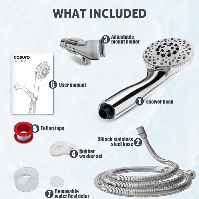 High Pressure Shower Head with Powerful Shower Spray & 59'' Stainless Steel Hose, 5 Spray Modes, Adjustable Bracket and Non-Clogging Nozzles（Chrome）