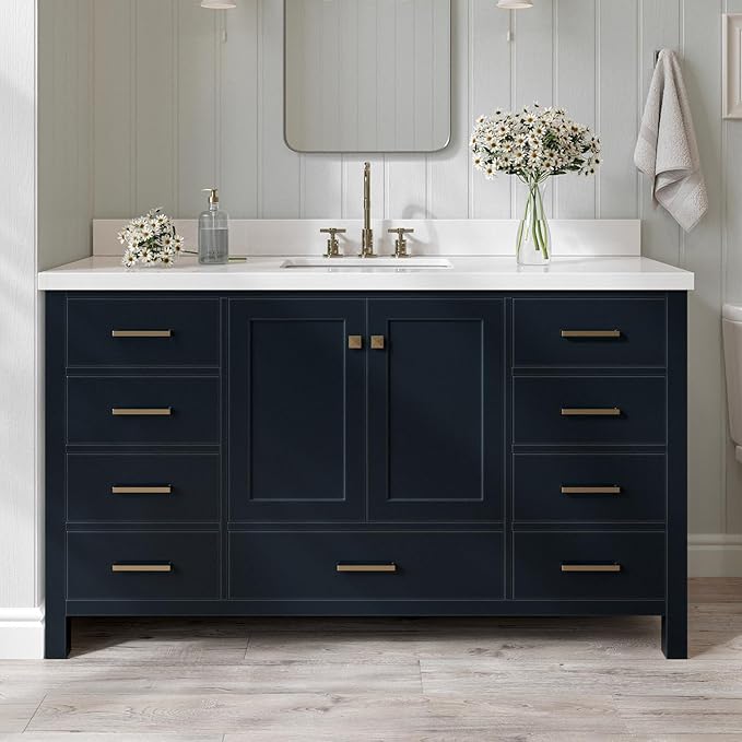 ARIEL Cambridge 60-inch Bathroom Vanity with Sink,Solid Wood, 1.5-inch Pure White Quartz Countertop, Single Rectangular Porcelain Sink, 2 Soft Closing Doors, 9 Dovetail Drawers, Midnight Blue