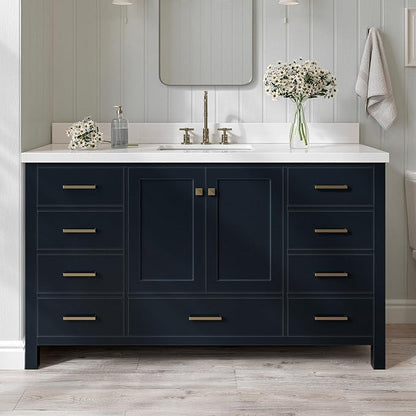 ARIEL Cambridge 60-inch Bathroom Vanity with Sink,Solid Wood, 1.5-inch Pure White Quartz Countertop, Single Rectangular Porcelain Sink, 2 Soft Closing Doors, 9 Dovetail Drawers, Midnight Blue