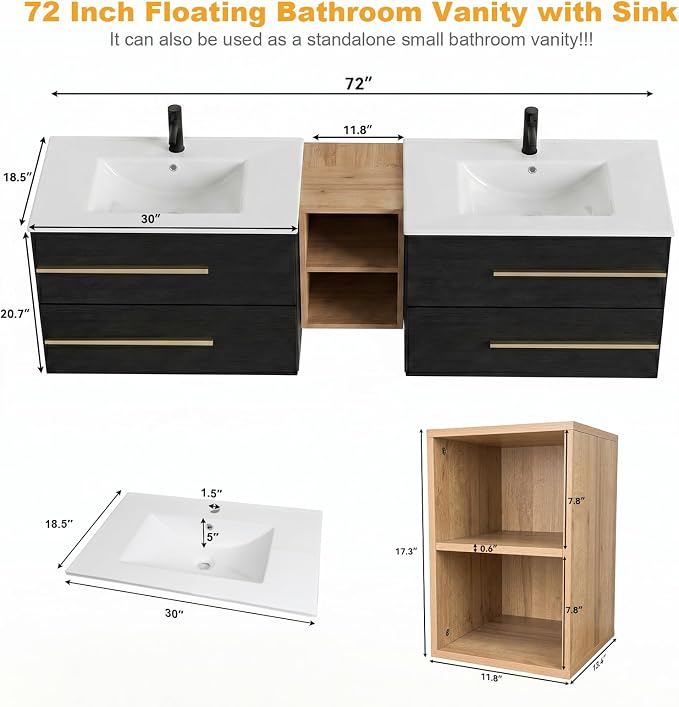 72 Inch Floating Double Sink Bathroom Vanity with Sink Combo, Modern Wall-Mounted Vanities Cabinet with Large Soft-Closing Drawers, Double Vanity Sinks for Bathrooms, Black&Natural