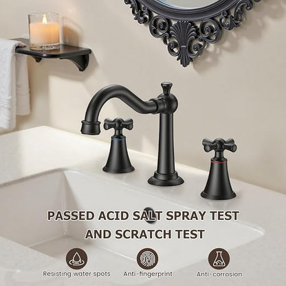 Hurran 8 Inch Widespread Bathroom Sink Faucet Matte Black, 3 Hole 2 Cross Handles Classic Vintage Antique Faucet with Metal Pop Up Drain and Supply Hoses for Vanity, RV, Farmhouse