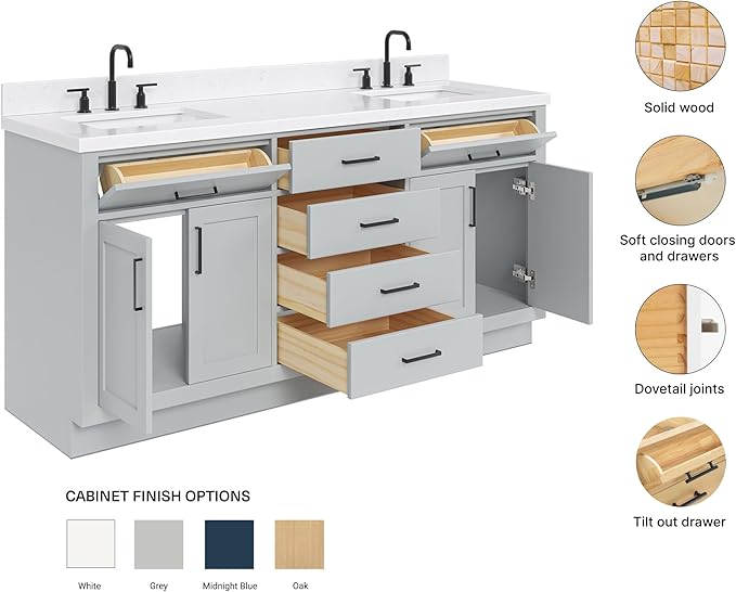 ARIEL Hepburn 72-inch Bathroom Vanity with Sink,Solid Wood, 1.5-inch Carrara White Quartz Countertop & Backsplash, Double Rectangular Porcelain Sink, 4 Soft Closing Doors, 6 Dovetail Drawers, Grey