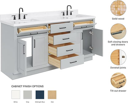 ARIEL Hepburn 72-inch Bathroom Vanity with Sink,Solid Wood, 1.5-inch Carrara White Quartz Countertop & Backsplash, Double Rectangular Porcelain Sink, 4 Soft Closing Doors, 6 Dovetail Drawers, Grey
