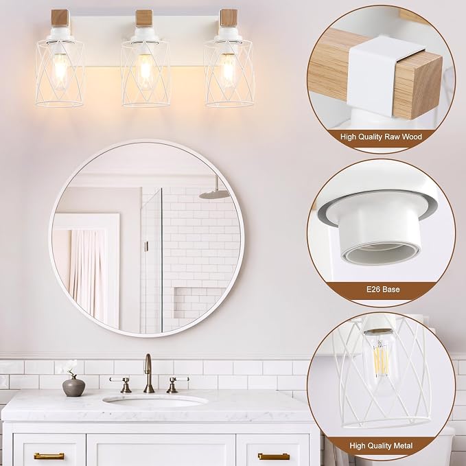 Farmhouse 3-Light Wood Bathroom Vanity Light, White Metal Cage Shade | Mounted Over Mirror, Industrial Rustic Style, Ideal for Bathroom, Bedroom, Hallway & Living Room, Easy To Install