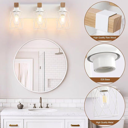 Farmhouse 3-Light Wood Bathroom Vanity Light, White Metal Cage Shade | Mounted Over Mirror, Industrial Rustic Style, Ideal for Bathroom, Bedroom, Hallway & Living Room, Easy To Install