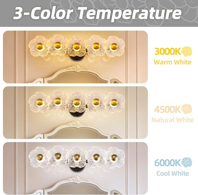 27" Bathroom Light Fixtures,Vanity Lights,Bathroom Vanity Light | 5 light,3CCT,Black Gold,LED,Daisy,Wall Sconces,Girly,Floral,Elegant,Fancy,for Restroom,Living Room,Bedroom,Mirror