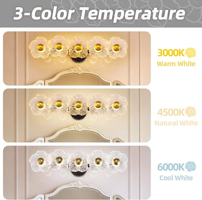 27" Bathroom Light Fixtures,Vanity Lights,Bathroom Vanity Light | 5 light,3CCT,Black Gold,LED,Daisy,Wall Sconces,Girly,Floral,Elegant,Fancy,for Restroom,Living Room,Bedroom,Mirror