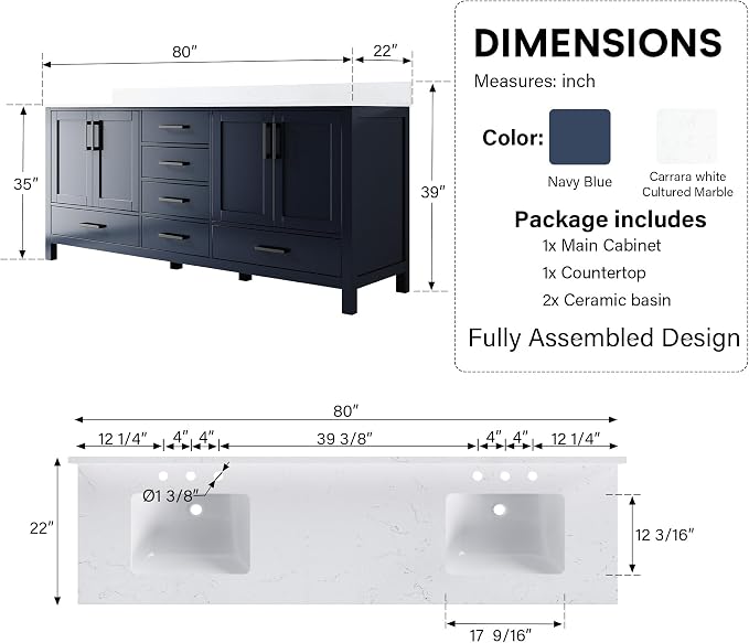 80-Inch Bathroom Vanity with Sink, 4 Soft-Close Doors and 6 Soft-Close Drawers, Bathroom Freestanding Vanity with Cultured Marble Countertop, Navy Blue Vanity with Matte Black Handles