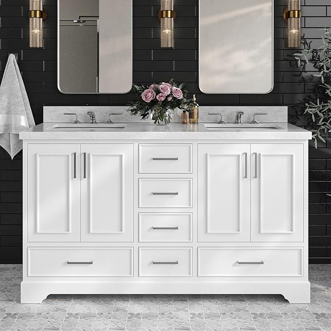 ARIEL Stafford 60-inch Bathroom Vanity with Sink,Solid Wood, 1.5-inch Italian Carrara Marble Countertop, Double Rectangular Porcelain Sink, 4 Soft Closing Doors, 6 Dovetail Drawers, White