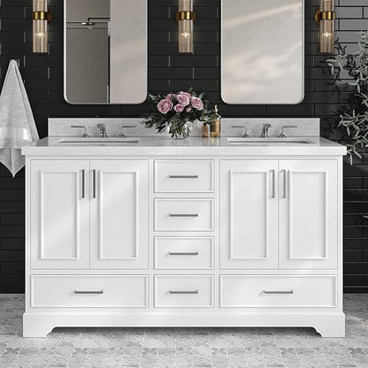 ARIEL Stafford 60-inch Bathroom Vanity with Sink,Solid Wood, 1.5-inch Italian Carrara Marble Countertop, Double Rectangular Porcelain Sink, 4 Soft Closing Doors, 6 Dovetail Drawers, White