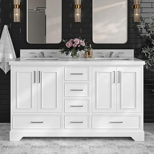 ARIEL Stafford 60-inch Bathroom Vanity with Sink,Solid Wood, 1.5-inch Italian Carrara Marble Countertop, Double Rectangular Porcelain Sink, 4 Soft Closing Doors, 6 Dovetail Drawers, White